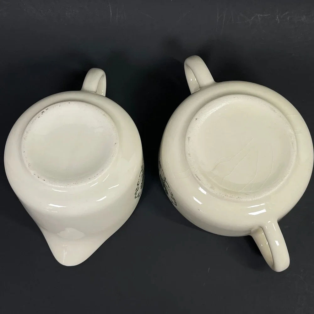 Scio Pottery Provincial Creamer Sugar Bowl Set Green White Rooster Farmhouse